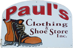 Pauls Clothing and Shoe Store Logo and Store Front Sign, has a Boot and the company name.